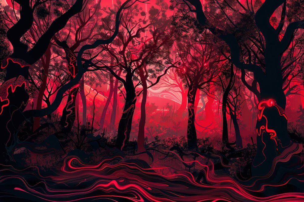 Illustration Mysterious red forest horror dark night landscape outdoors painting.
