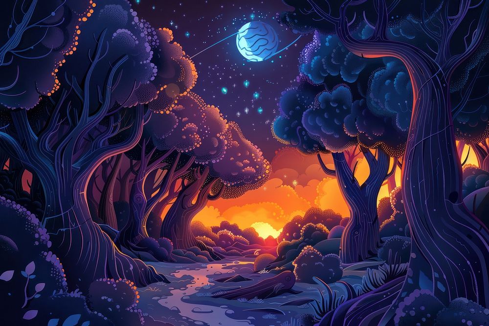 Illustration Mystical magical forest at night with glowing lights outdoors painting nature.