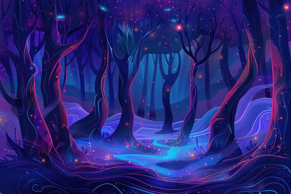 Illustration Mystical magical forest at night with glowing lights backgrounds outdoors graphics.
