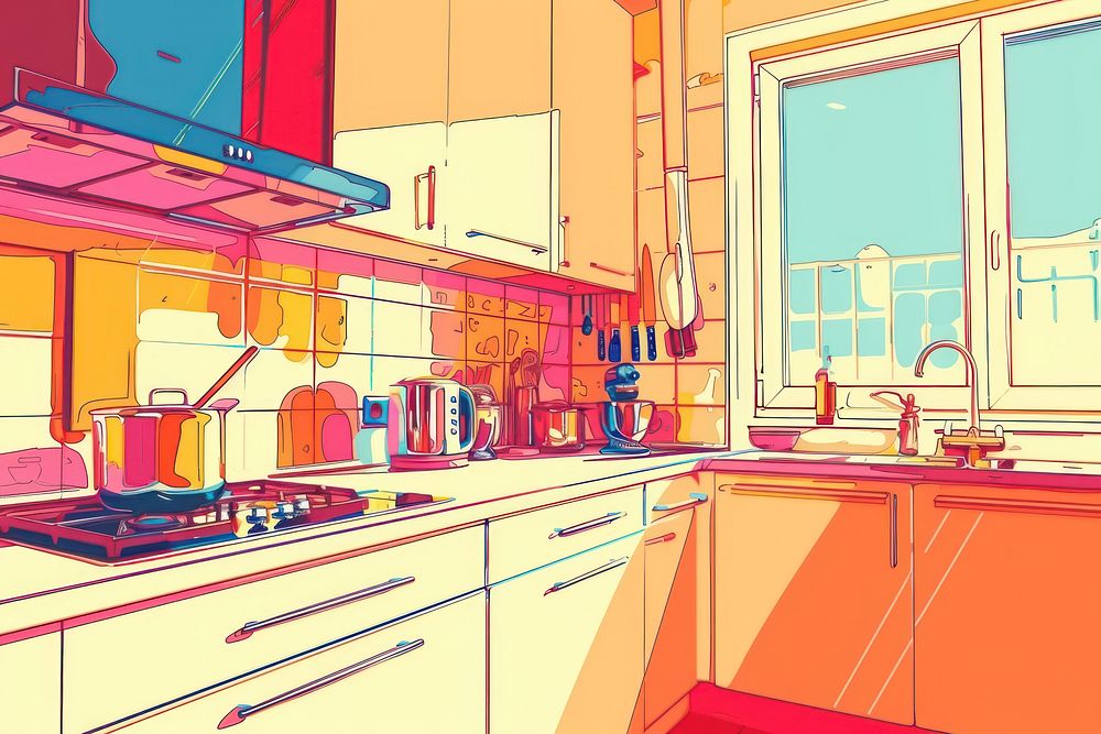 Illustration Modern white kitchen cartoon architecture countertop.