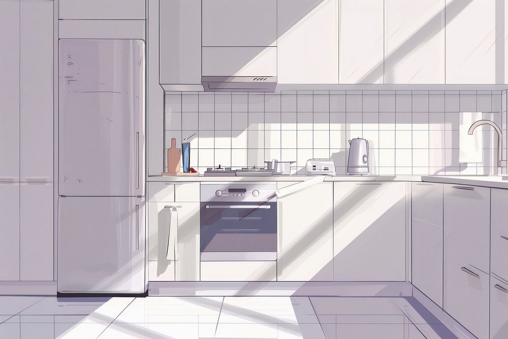 Illustration Modern white kitchen refrigerator appliance sink.