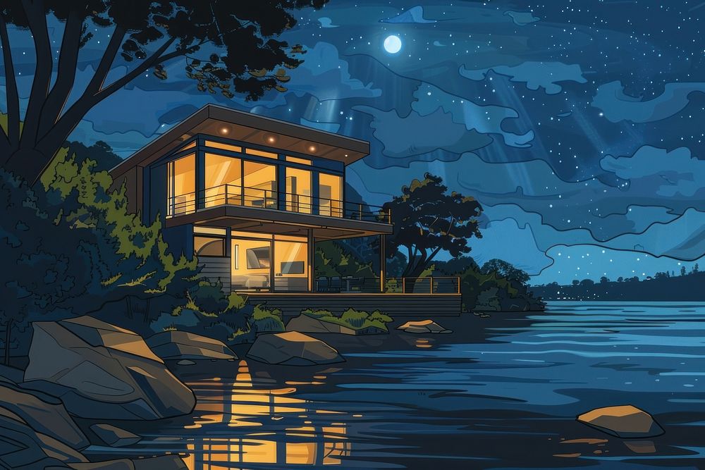 Illustration modern house by the river at evening architecture building outdoors.
