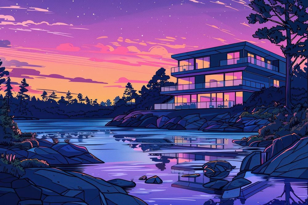 Illustration modern house by the river at evening outdoors cartoon nature.