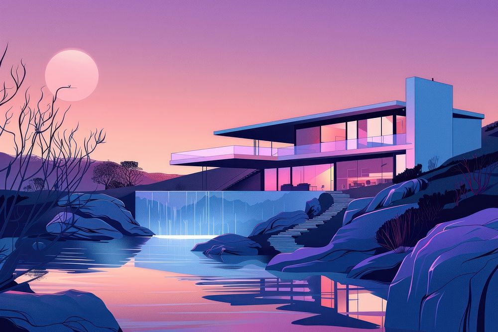 Illustration modern house by the river at evening architecture building outdoors.