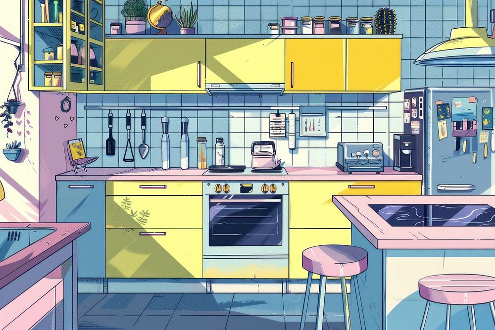 Illustration modern nordic kitchen appliance furniture cartoon.