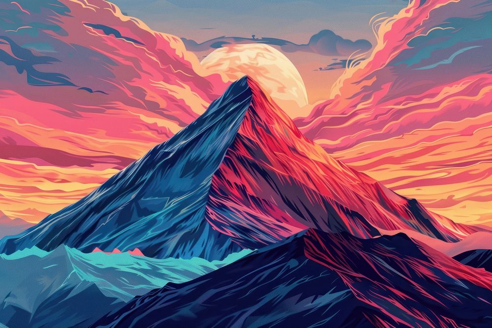 Illustration mountain peak at sunrise art painting volcano.
