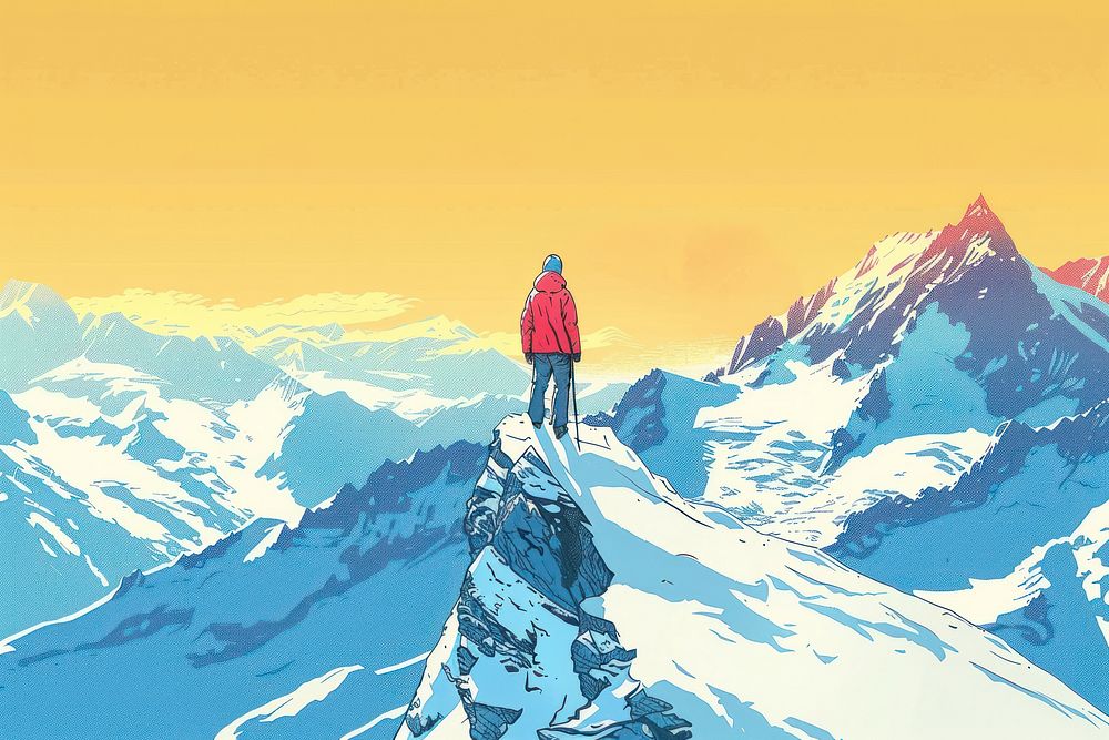 Illustration Mountaineer standing on top of snowy mountain range adventure outdoors walking.