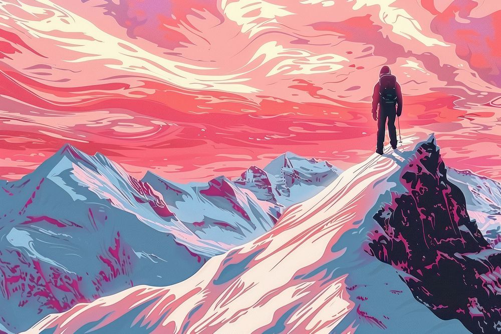 Illustration Mountaineer standing on top of snowy mountain range art outdoors painting.