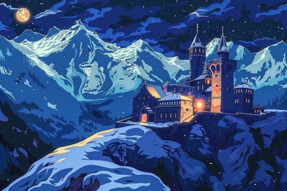 Illustration Old historic medieval fantasy castle in snow covered dark mountains at night architecture building outdoors.