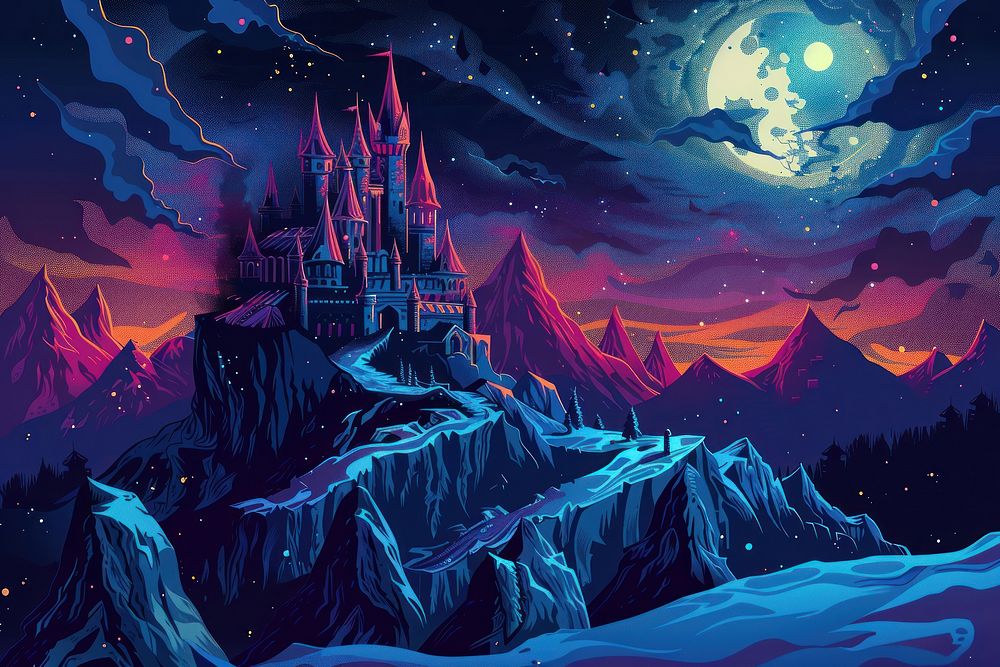 Illustration Old historic medieval fantasy castle in snow covered dark mountains at night cartoon nature tranquility.