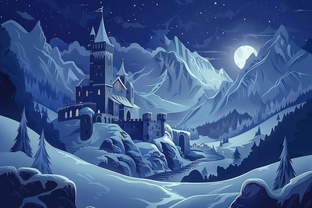Illustration Old historic medieval fantasy castle in snow covered dark mountains at night cartoon nature architecture.