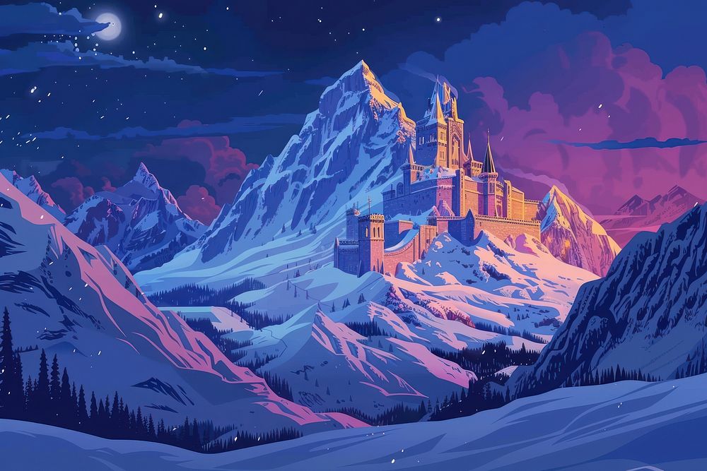 Illustration Old historic medieval fantasy castle in snow covered dark mountains at night architecture landscape building.