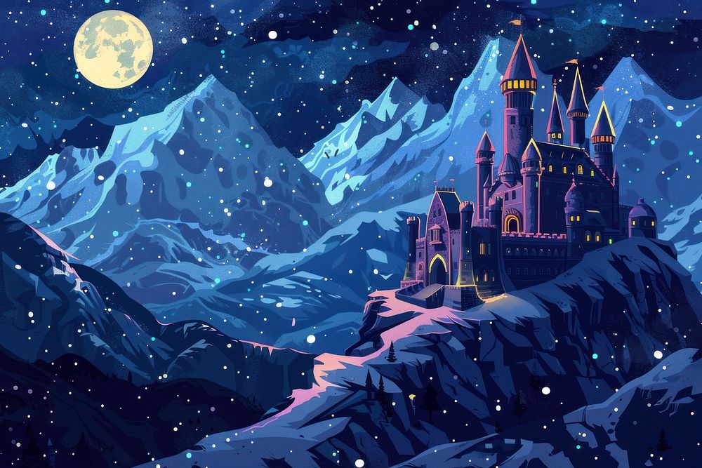 Illustration Old historic medieval fantasy castle in snow covered dark mountains at night outdoors cartoon nature.