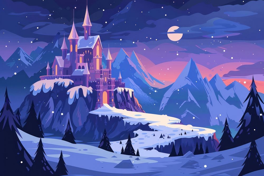 Illustration Old historic medieval fantasy castle in snow covered dark mountains at night landscape outdoors painting.