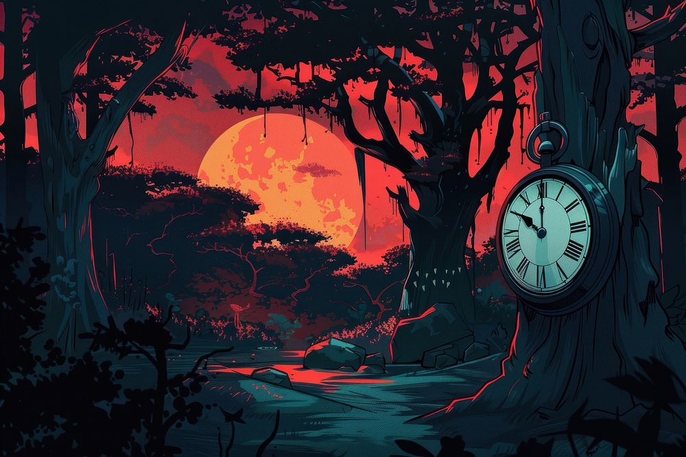 Illustration A big clock deep in the forest outdoors cartoon nature.