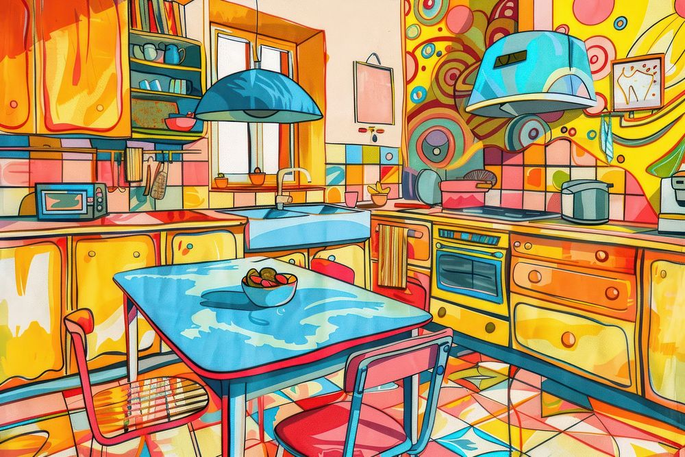 Illustration A bright and cheerful kitchen furniture painting cartoon.
