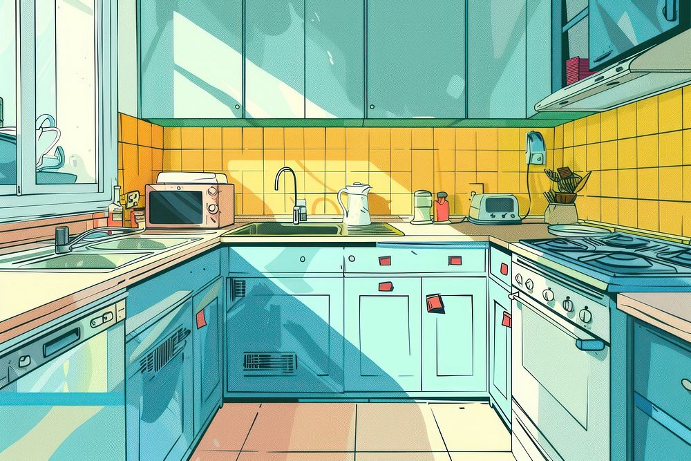 Illustration A bright and cheerful kitchen appliance cartoon sink.