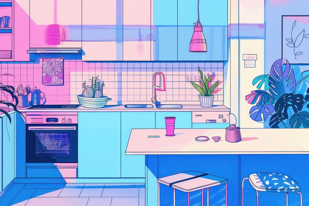 Illustration A bright and cheerful kitchen cartoon sink architecture.