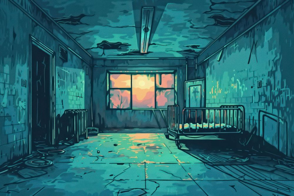 Illustration A spooky vintage room in an old hospital furniture painting cartoon.