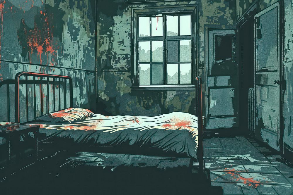 Illustration A spooky vintage room in an old hospital furniture bedroom cartoon.