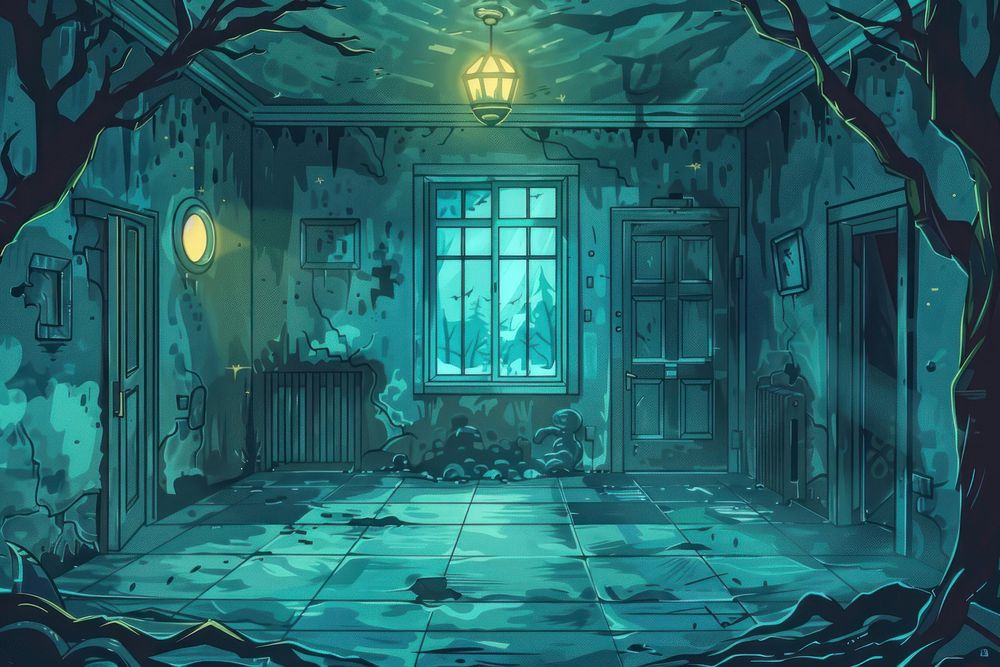 Illustration A spooky vintage room in an old hospital painting cartoon architecture.
