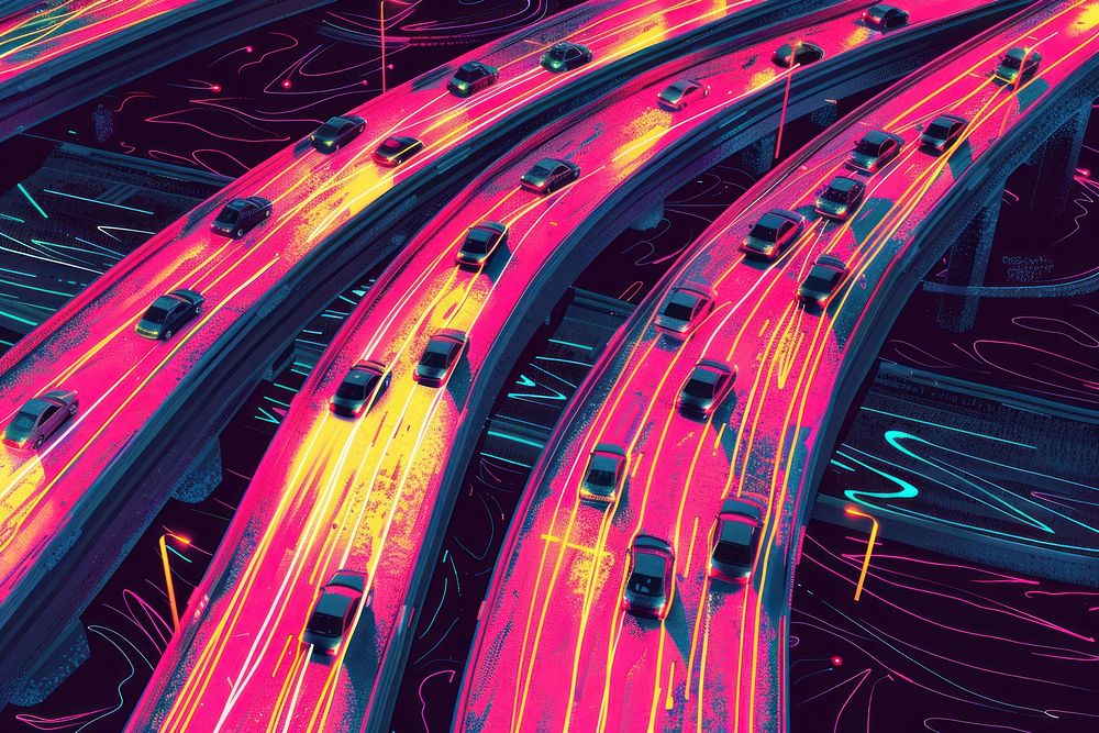 Illustration Aerial view of Road Traffic jam on multiple lane highway with speed light trail from car road backgrounds…