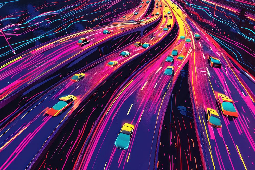 Illustration Aerial view of Road Traffic jam on multiple lane highway with speed light trail from car road backgrounds…