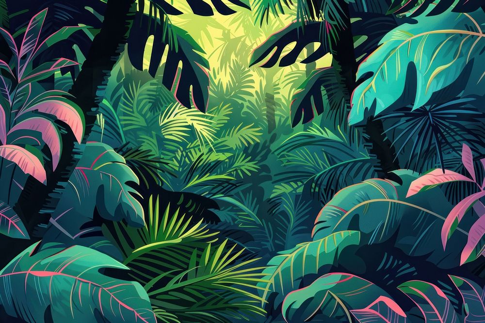 Illustration Beautiful tropical garden with green palm leaves in green fores backgrounds vegetation outdoors.