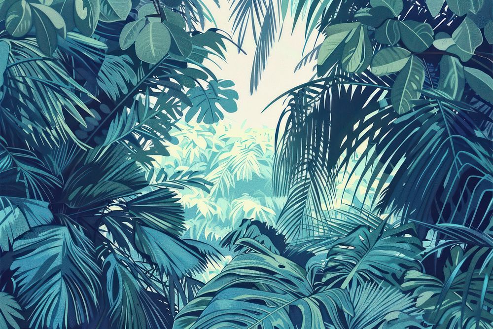 Illustration Beautiful tropical garden with green palm leaves in green fores backgrounds vegetation outdoors.