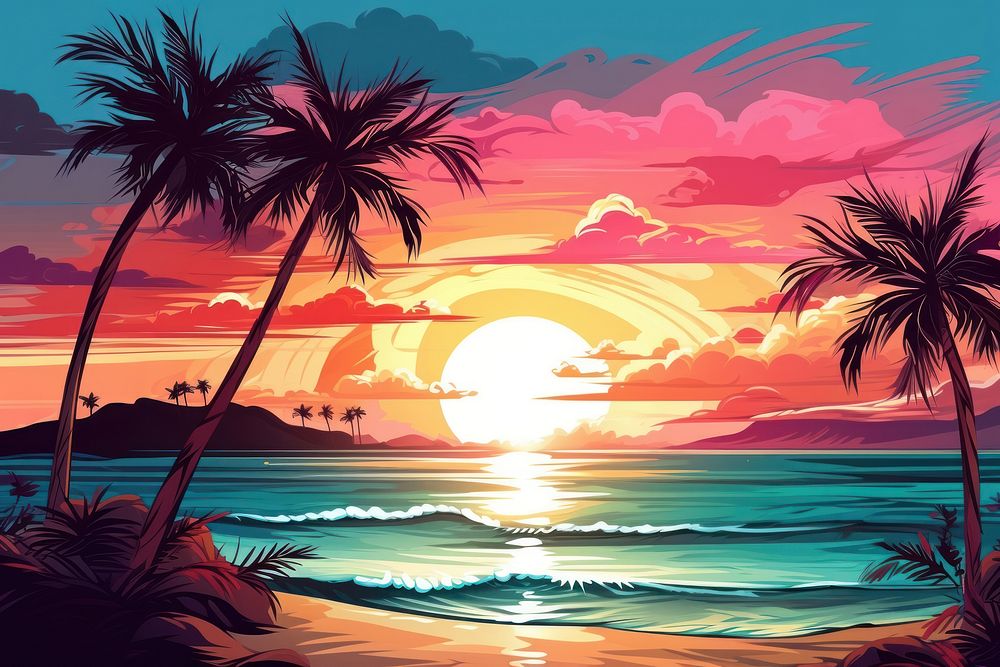 Illustration Beautiful beach with palms and turquoise landscape outdoors sunset.