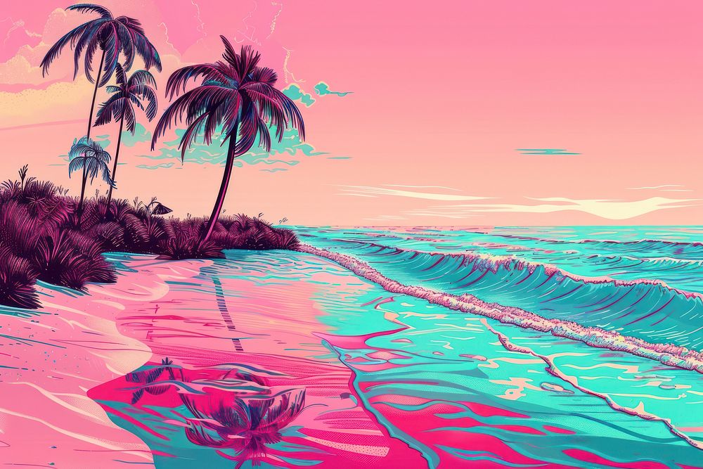 Illustration Beautiful beach with palms and turquoise painting landscape outdoors.
