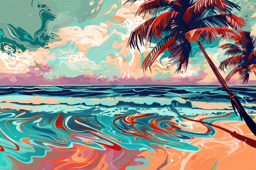 Illustration Beautiful beach with palms and turquoise painting outdoors cartoon.