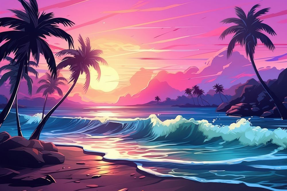 Illustration Beautiful beach with palms and turquoise landscape outdoors nature.