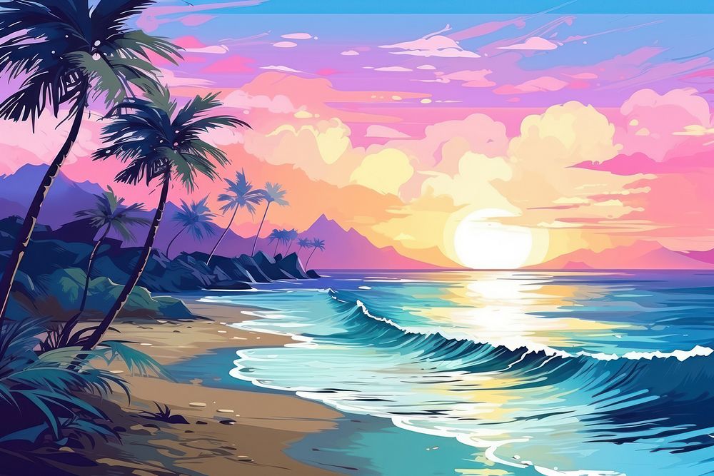 Illustration Beautiful beach with palms and turquoise painting landscape outdoors.