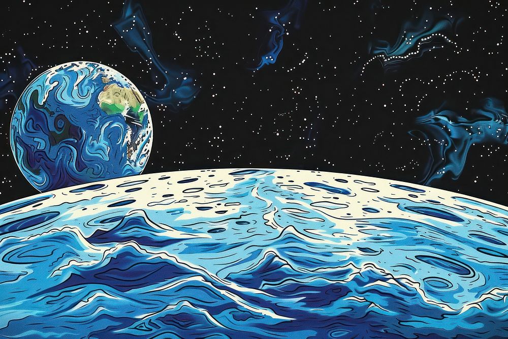 Illustration blue earth seen from the moon surface astronomy outdoors painting.