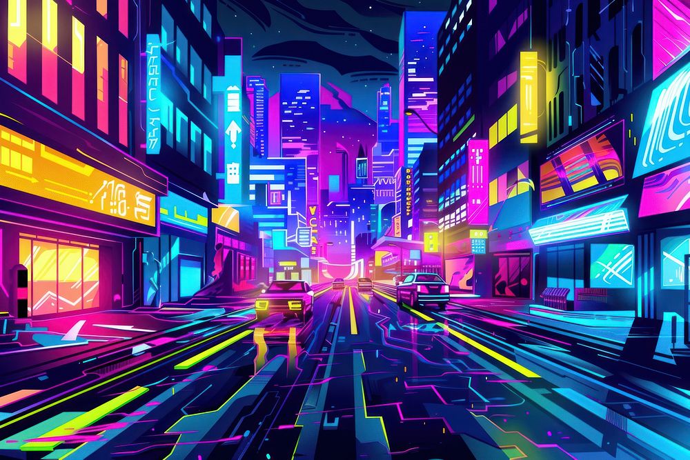 Illustration Cyberpunk neon city street at night car light line.
