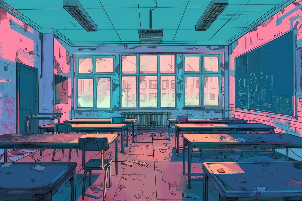Illustration Classroom in an abandoned school classroom architecture furniture.