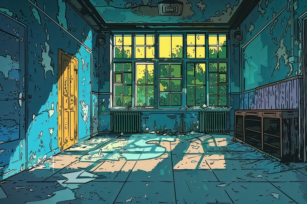 Illustration Classroom in an abandoned school cartoon deterioration architecture.