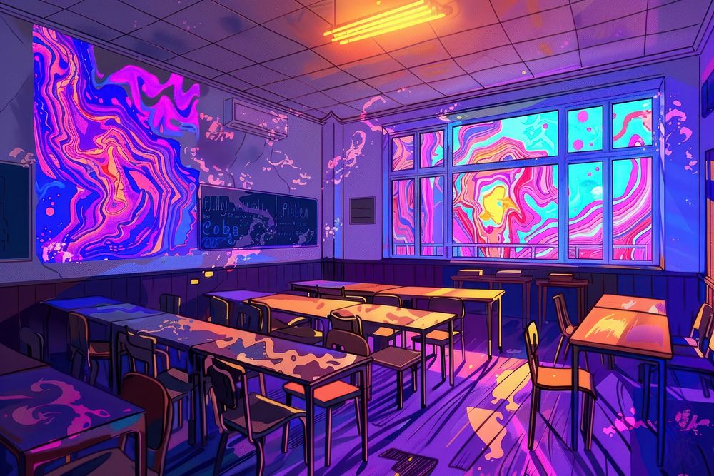 Illustration Classroom in an abandoned school restaurant cartoon chair.