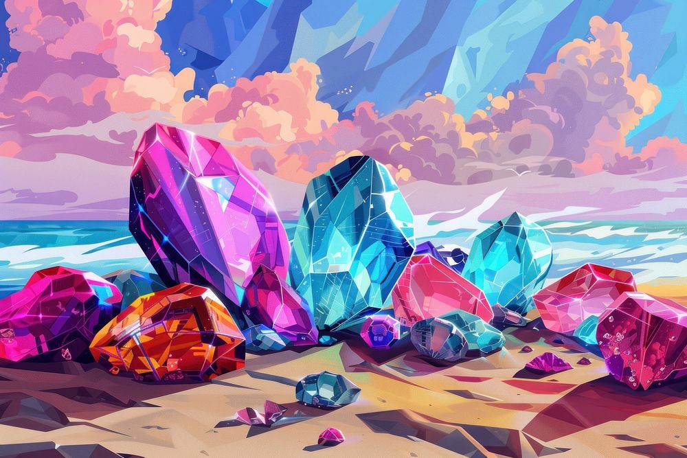 Illustration Colorful gemstones on a beach art outdoors painting.