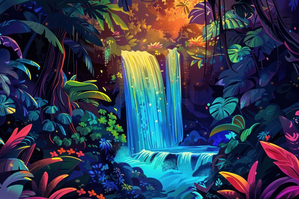 Illustration Colorful waterfall in fantasy in jungle outdoors flowing nature.
