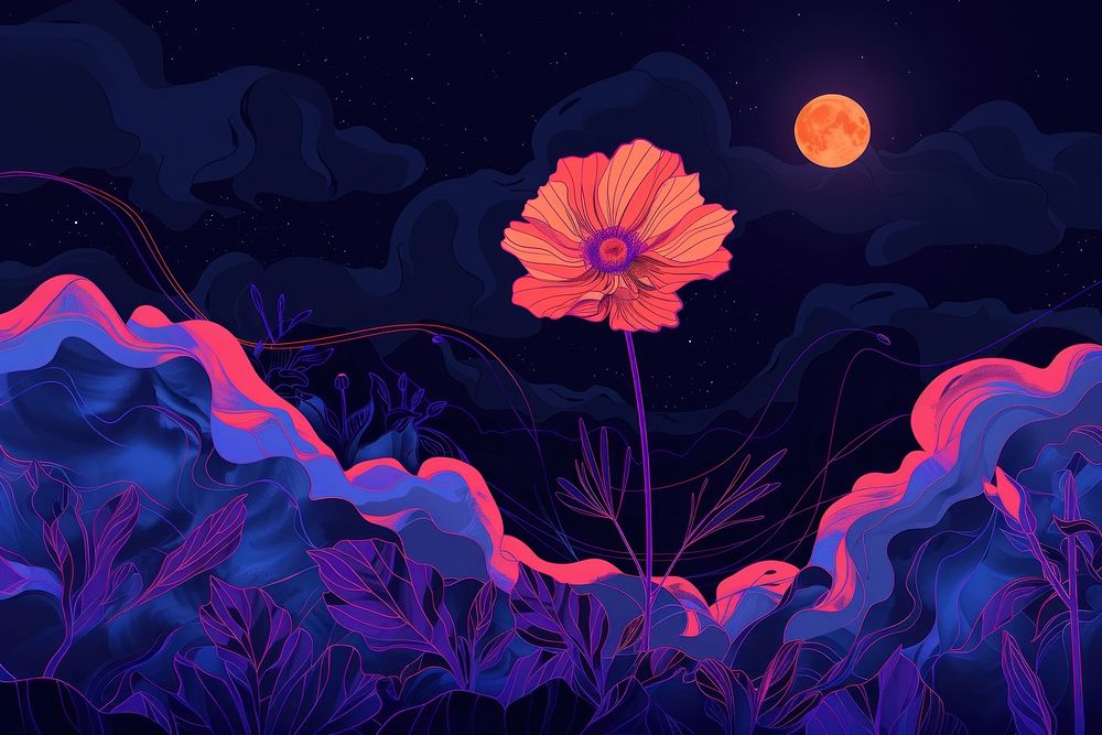 Illustration Dark cosmos flower with full moon at night outdoors graphics painting.