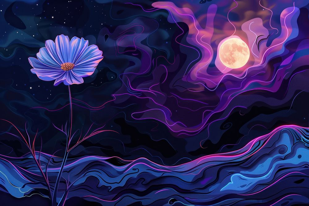Illustration Dark cosmos flower with full moon at night backgrounds outdoors painting.