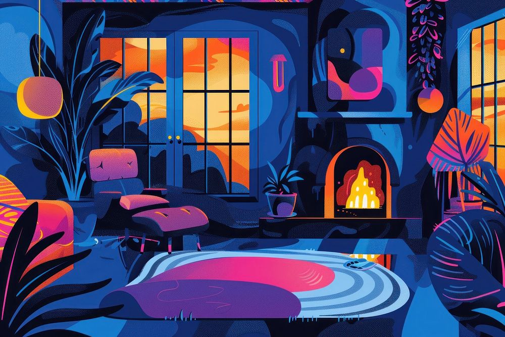 Illustration Dark living room loft with fireplace graphics painting cartoon.