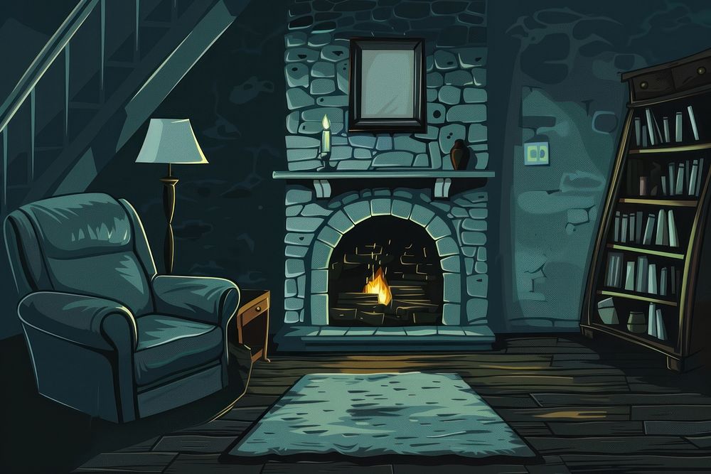 Illustration Dark living room loft with fireplace furniture cartoon hearth.