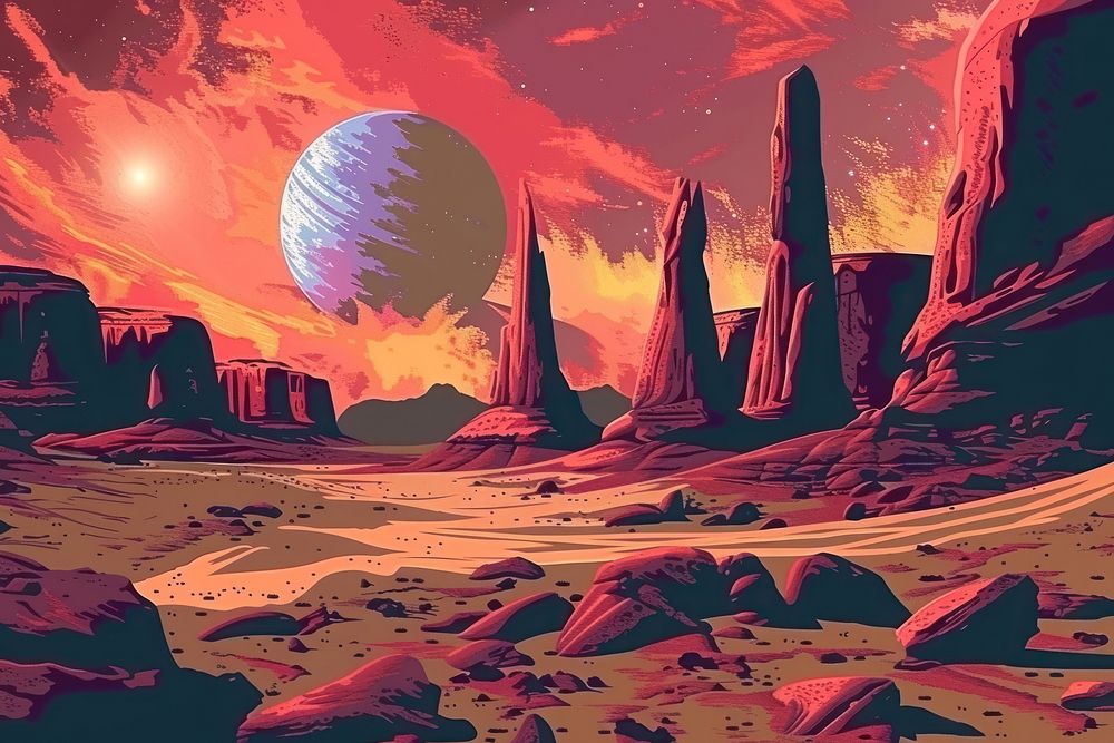 Illustration desert planet with strange rock formations landscape mountain outdoors.