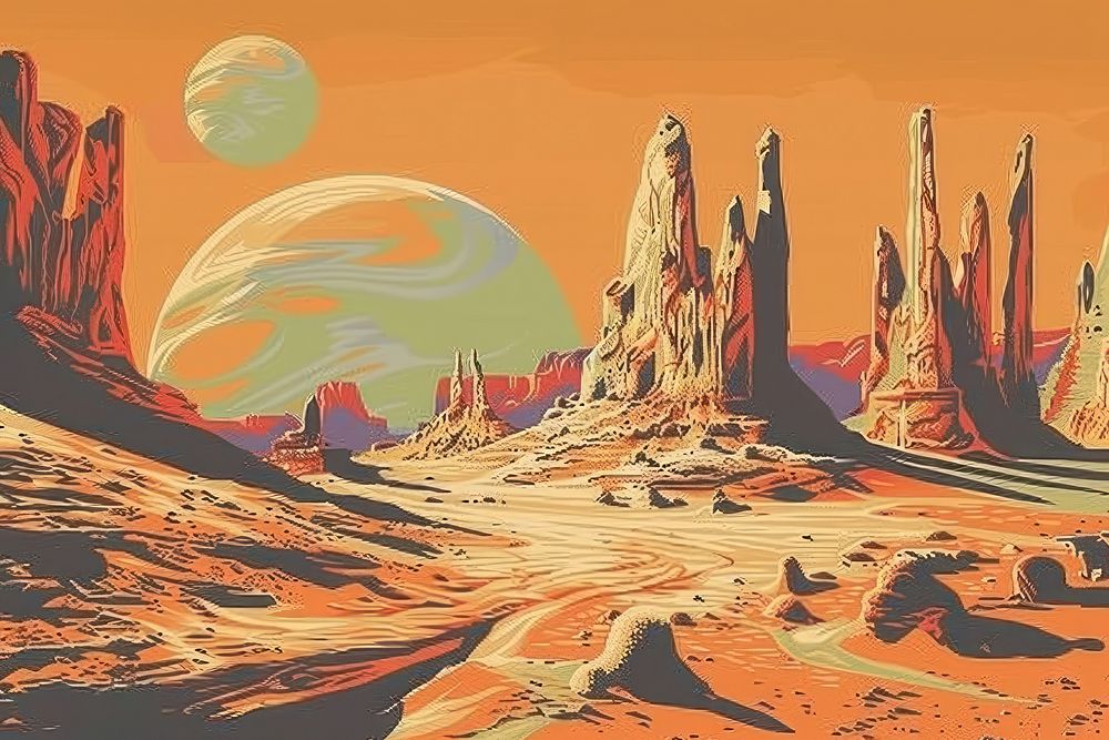 Illustration desert planet with strange rock formations landscape mountain outdoors.