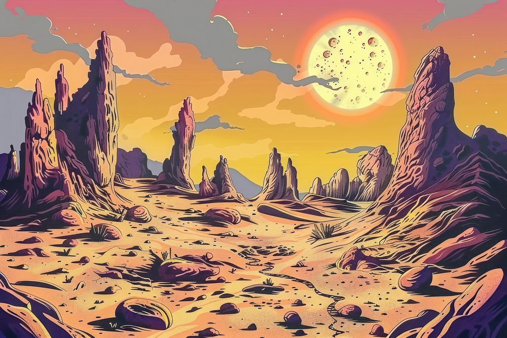 Illustration desert planet with strange rock formations art landscape mountain.