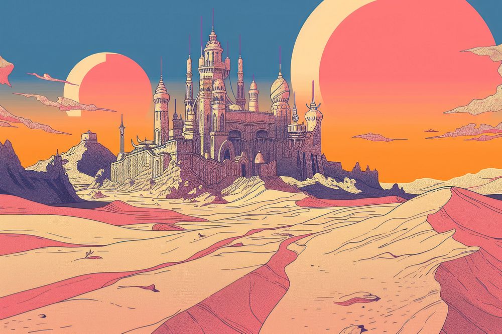 Illustration desert scene with a castle in the middle of the desert outdoors cartoon drawing.