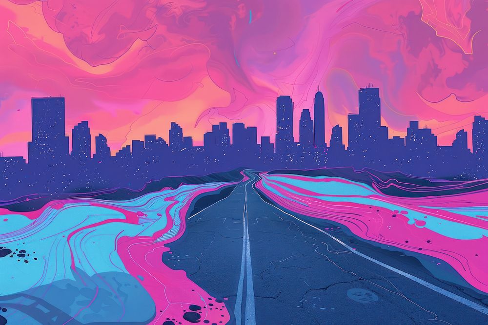 Illustration empty asphalt road with city skyline painting architecture cityscape.